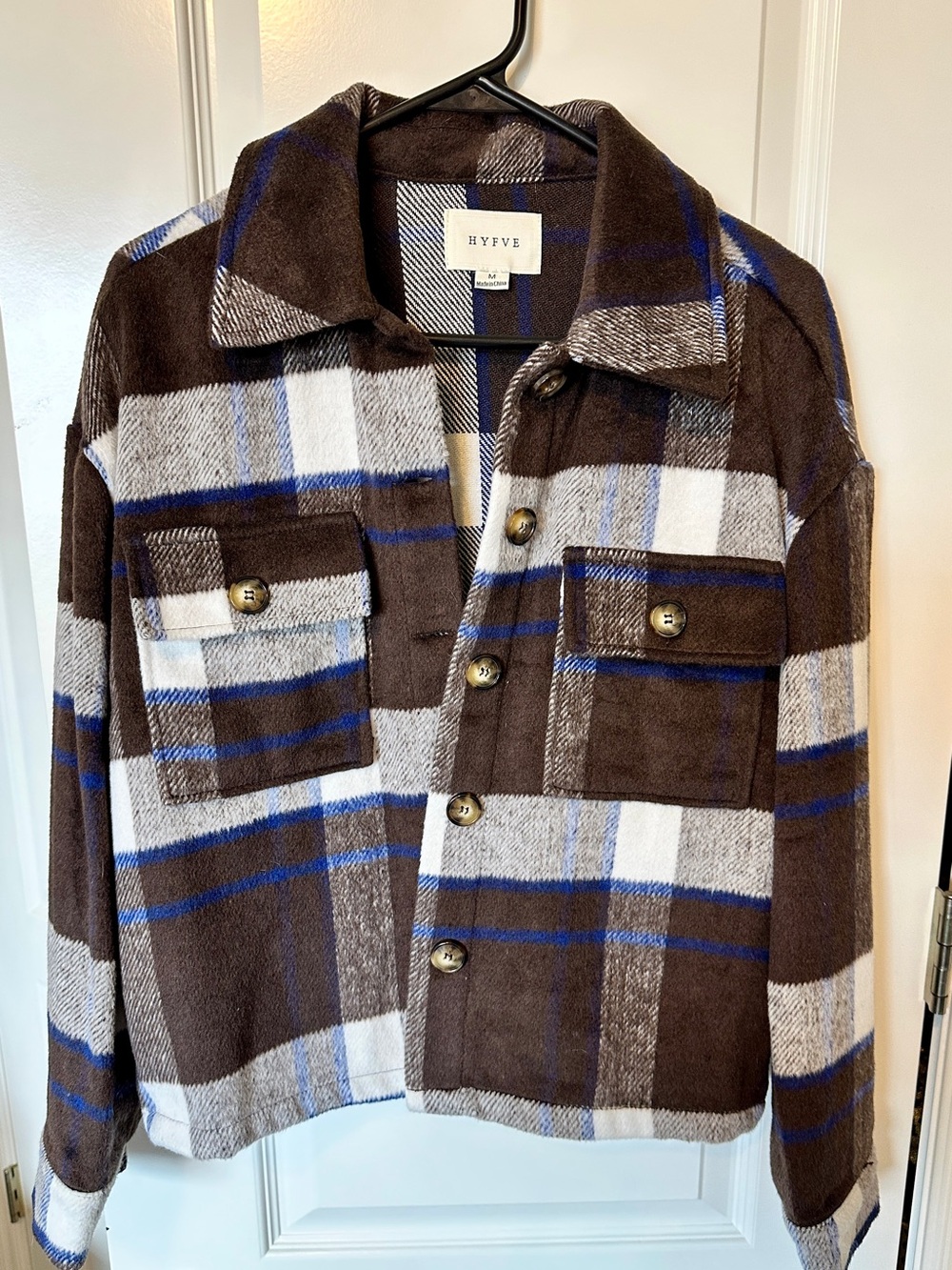 HYFVE Brown Blue Plaid Cropped Shacket Jacket Medium Oversized